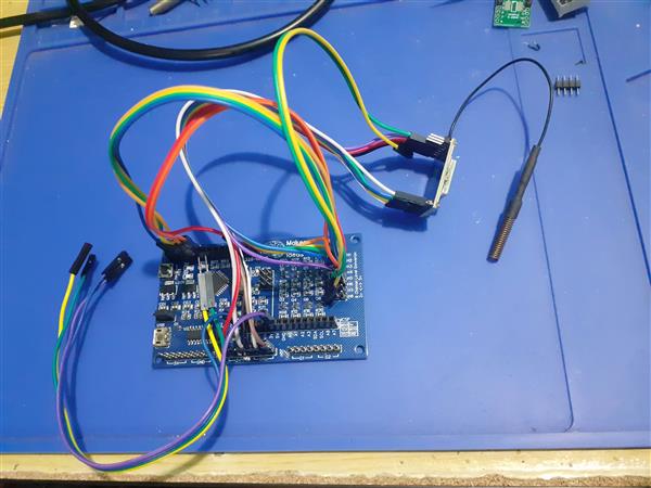 Original RA-02 Breakout Module, connected to an ATMEGA328P PCB with onboard Level converters